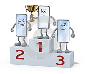 Three smartphone with arm and legs on sports victory podium