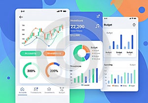 Three smartphone screens display financial app interfaces. The first