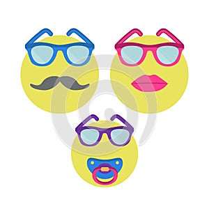 Three smiles. Smiley woman in sunglasses with lipstick, man with moustache and baby with nipple.