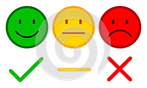 Three smilies with check mark, cross and dash - vector