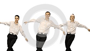 Three smiling guys in white shirts doing synch dance routine loo