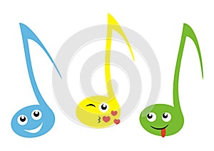 Three smiling music notes, crazy vector illustration
