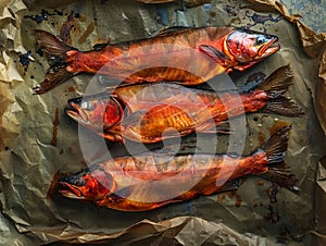 Three smoked salmons on a piece of paper photo