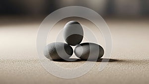 Three smooth dark gray stones are arranged on a sandy surface
