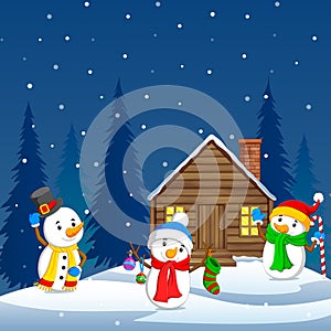 Three snowman and winter background