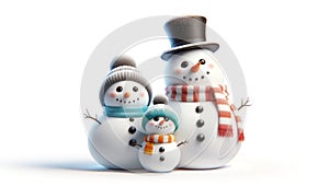 Three Snowmen Dressed in Festive Winter Attire on White Background