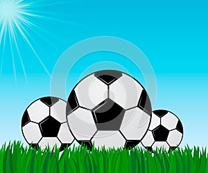 Three soccer balls on the green grass. Blue sky and sun. Football competitions concept. Sport vector illustration. Healthy life