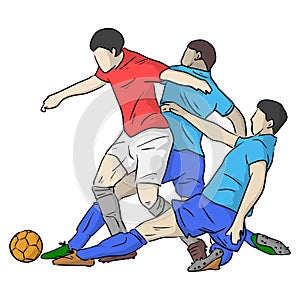 Three soccer players playing soccer sport vector illustration sketch doodle hand drawn with black lines isolated on white