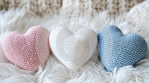 Three Soft Crochet Hearts on Fluffy White Surface