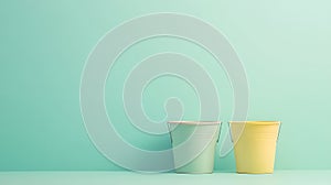 Ai generated three Soft Pastel Paint Buckets Spilling on Brightly Splattered Canvas