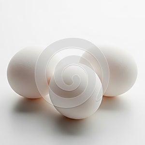 Three soft white textured spheres sit on a smooth surface with subtle lighting effects