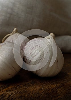 Three solo garlic on wooden table close-up textile background