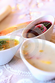 Three soups in bowls