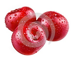 Three sour cherries with drops on white background