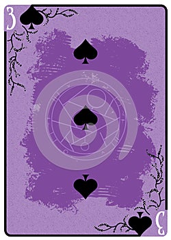 Three of Spades playing card. Unique hand drawn pocker card. One of 52 cards in french card deck, English or Anglo-American photo
