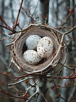 Three speckled eggs in nest on tree branch