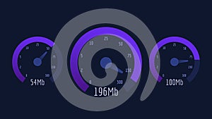 Three Speedometer Internet Speed 50 mb 100 mb 300 mb Lilac Scale