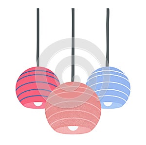 Three spherical striped hanging lamps in pink, blue, and red. Modern lighting fixtures design. Home decor and interior