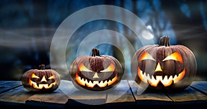 Three spooky halloween pumpkins in a row, Jack O Lantern, with evil face and eyes