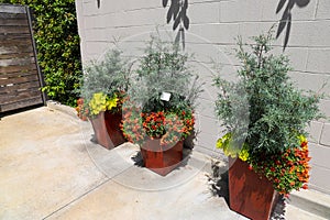 Three square brown flower pots filled with colorful flowers and lush green plants in front of a gray stone wall