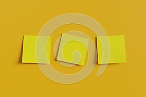 Three square yellow notes on a yellow background. 3d photo