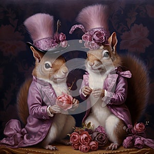 Three Squirrels In Fancy Outfits Holding Purple Roses