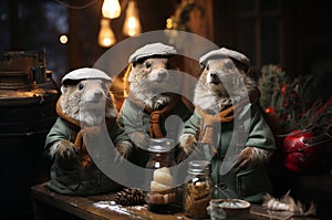 Three squirrels preparing ingredients for cookies in the kitchen