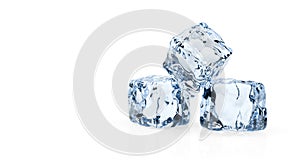 Three stacked ice cubes on white background with reflection and copy space