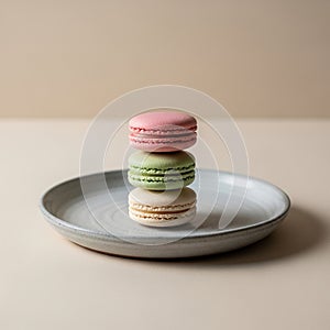 Three stacked macarons on a round,
