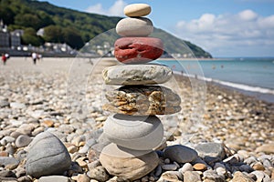 Three stacked stones on sea background with beautiful light and shadow interplay