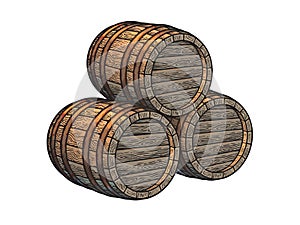 Three stacked wooden barrels for beer, wine, whisky, rum and other alcohol. Hand drawn vector illustrations