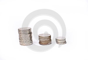 Three stacks Thai coins on white background