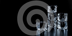 Three stacks of transparent ice cubes on black background with reflection and copy space