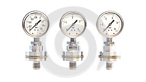 Three stainless steel manometers on whiteThree stainless steel m