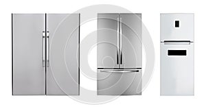 Three stainless steel refrigerators isolated