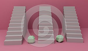 Three Stairs with cube Spheres on pink Background 3d Render