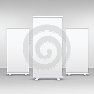 Three standee or rollup banner display mockup