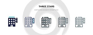 Three stars icon in different style vector illustration. two colored and black three stars vector icons designed in filled,