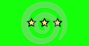 Three Stars Rating animation. Set of Stars. Three Star Rating on green Background. Product Quality, Feedback, Customer