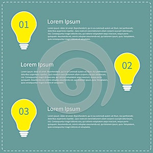 Three step business infographic with yellow light bulb. Idea concept.
