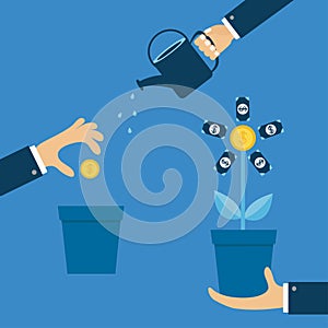 Three step infographic. Businessman hand holding money tree, watering can, seed Coin dollar sign Financial growth concept. Plant