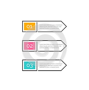 Three steps, color buttons with numbers 1, 2, 3 and text in outline frame. Right arrows. Infographic design element