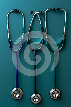 Three stethoscopes are lined up on a blue surface, AI photo