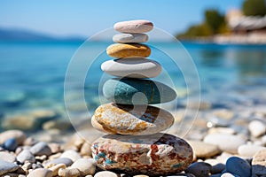 Three stones stacked by the sea, interplay of light and shadow against clear sky