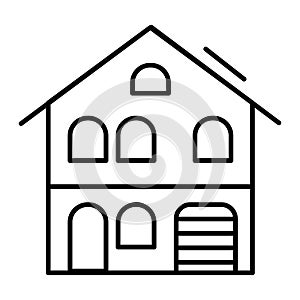Three storey house with garage thin line icon. Home exterior vector illustration isolated on white. Architecture outline