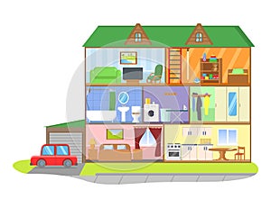 Three-storie house model cross section. Rooms with furniture, detailed interior. Flat vector illustration, isolated on photo
