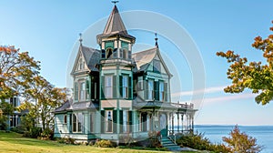 A three story green colour victorian home with conical spire by the ocean. photo