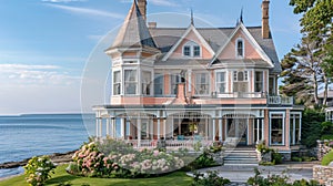 A three story pink colour victorian home with conical spire by the ocean photo