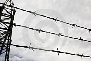 Three strands of barbed wire on the impassable border of the restricted area in black and white tones photo