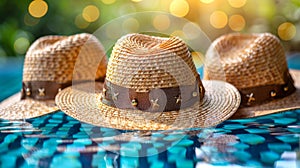 Three straw hats are sitting on top of a pool, AI